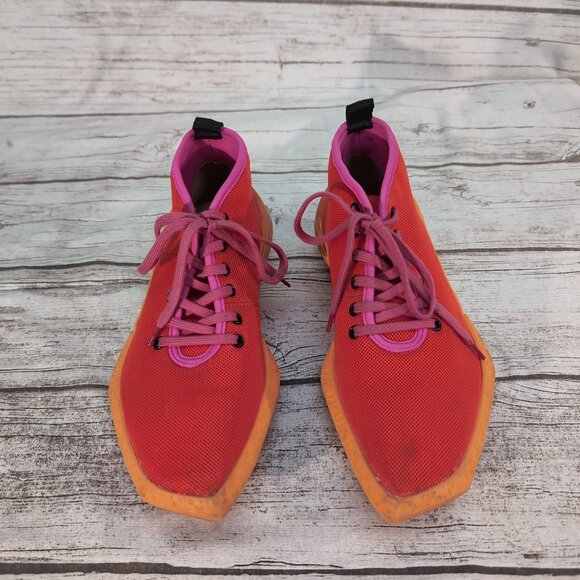 John Fluevog Vegan Vogs Shoes Red Orange Pink Lace-Up Square Toe – Unisex M9/W11 - Picture 1 of 10